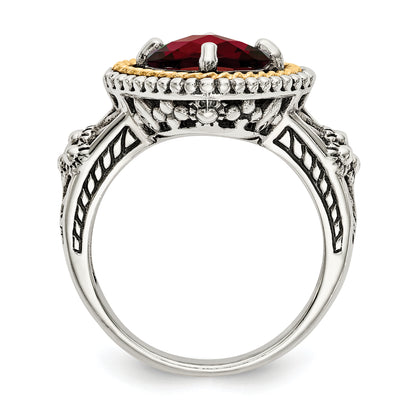 14K/Silver Two Tone Shey Couture Sterling Silver With 14K Accent Antiqued Checkerboard Cushion Garnet Ring