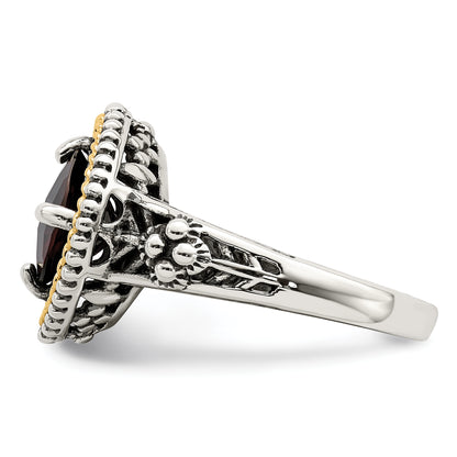 14K/Silver Two Tone Shey Couture Sterling Silver With 14K Accent Antiqued Checkerboard Cushion Garnet Ring