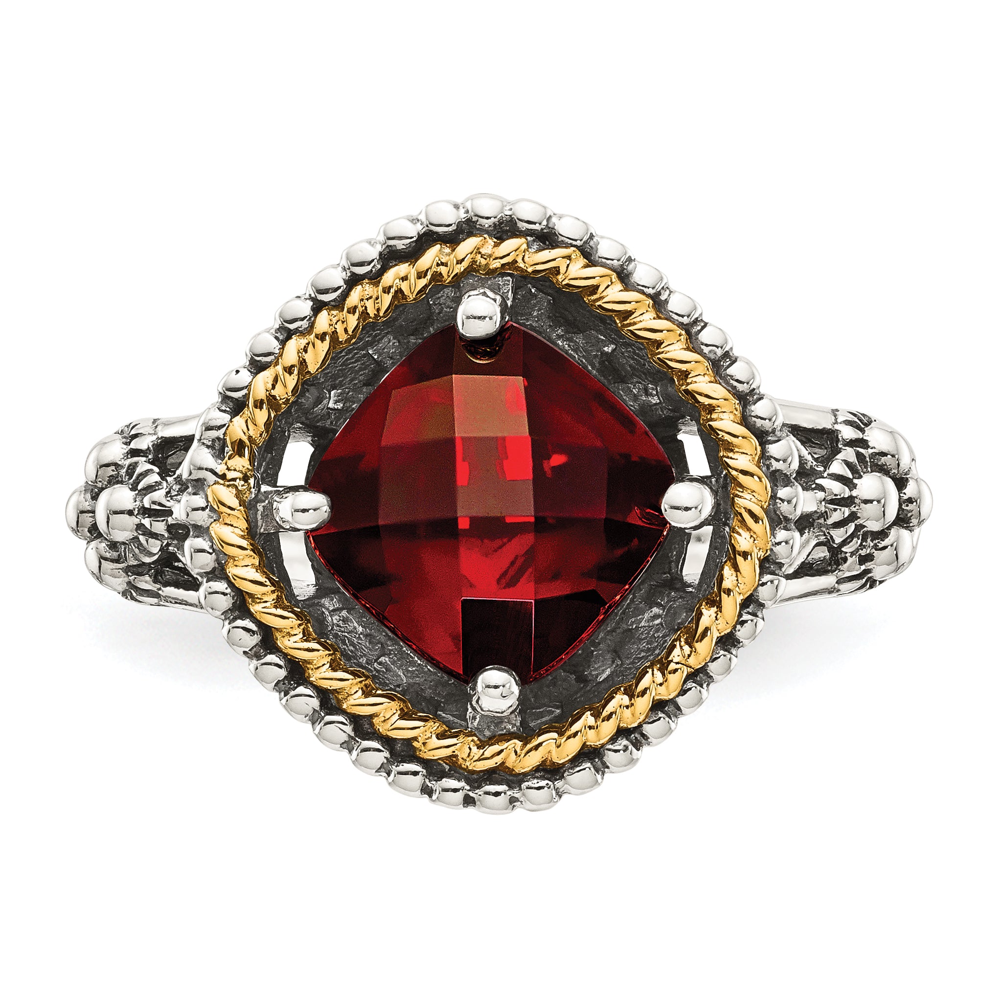 14K/Silver Two Tone Shey Couture Sterling Silver With 14K Accent Antiqued Checkerboard Cushion Garnet Ring