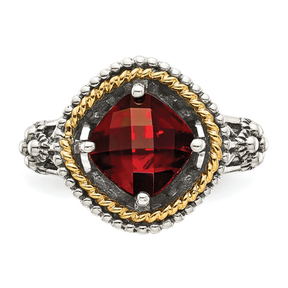 14K/Silver Two Tone Shey Couture Sterling Silver With 14K Accent Antiqued Checkerboard Cushion Garnet Ring