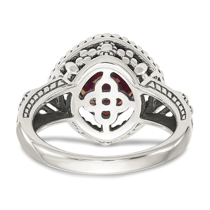 14K/Silver Two Tone Shey Couture Sterling Silver With 14K Accent Antiqued Checkerboard Cushion Garnet Ring