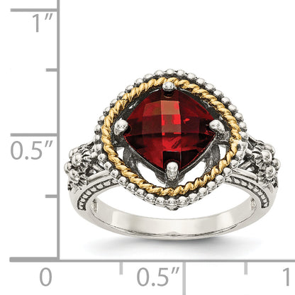 14K/Silver Two Tone Shey Couture Sterling Silver With 14K Accent Antiqued Checkerboard Cushion Garnet Ring