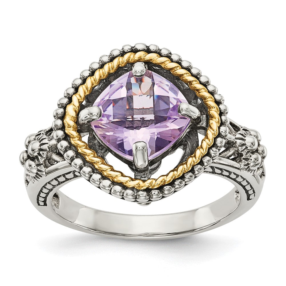 14K/Silver Two Tone Shey Couture Sterling Silver With 14K Accent Antiqued Cushion Pink Quartz Ring