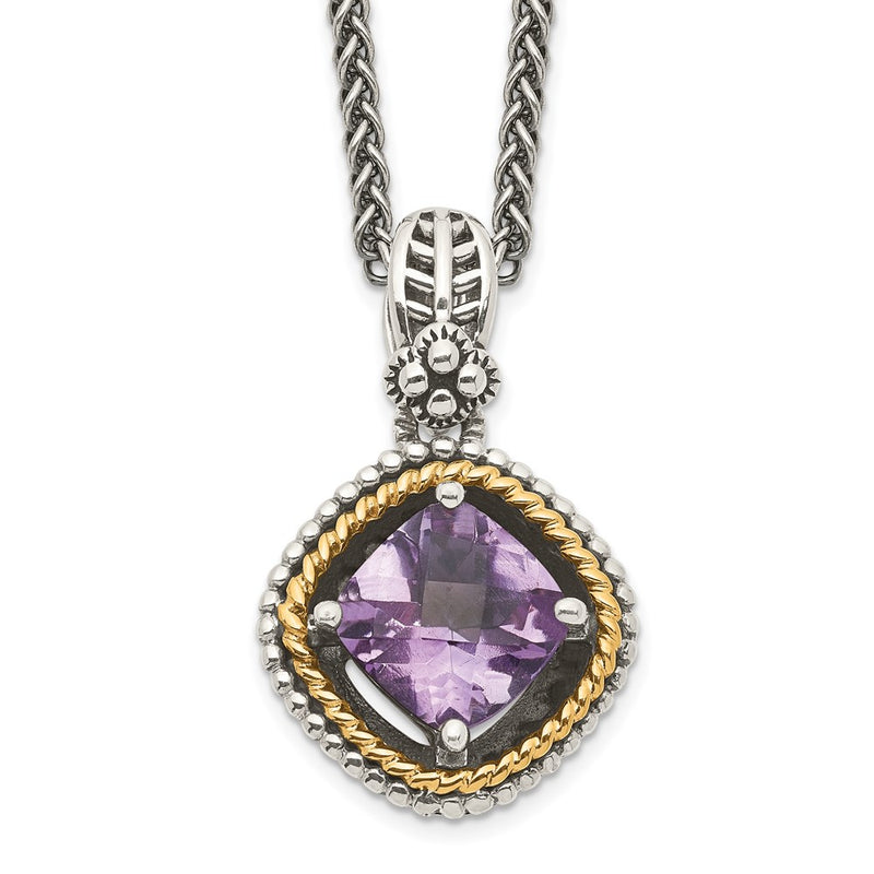 14K/Silver Two Tone Shey Couture Sterling Silver With 14K Accent 18 Inch Antiqued Cushion Amethyst Necklace