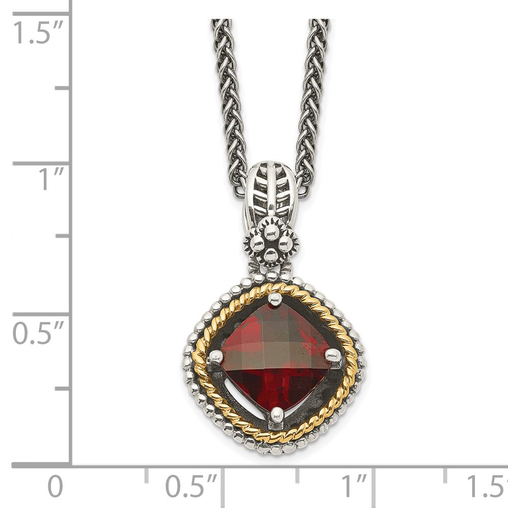 14K/Silver Two Tone Shey Couture Sterling Silver With 14K Accent 18 Inch Antiqued Checkerboard Cushion Garnet Necklace