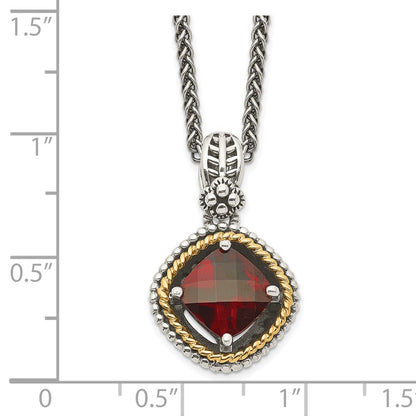 14K/Silver Two Tone Shey Couture Sterling Silver With 14K Accent 18 Inch Antiqued Checkerboard Cushion Garnet Necklace