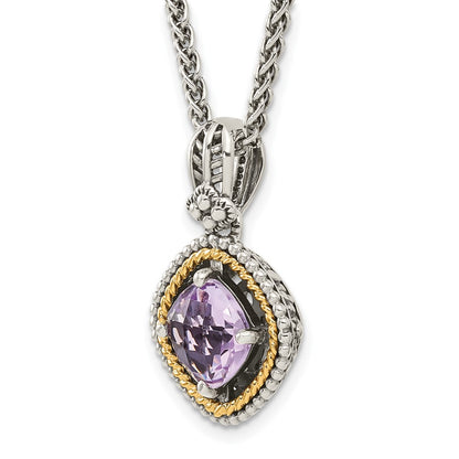 14K/Silver Two Tone Shey Couture Sterling Silver With 14K Accent 18 Inch Antiqued Cushion Pink Quartz Necklace
