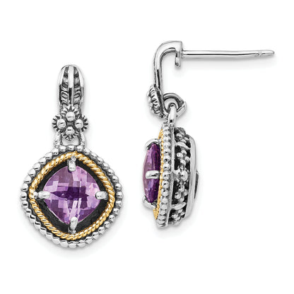 14K/Silver Two Tone Shey Couture Sterling Silver With 14K Accent Antiqued Cushion Amethyst Post Dangle Earrings