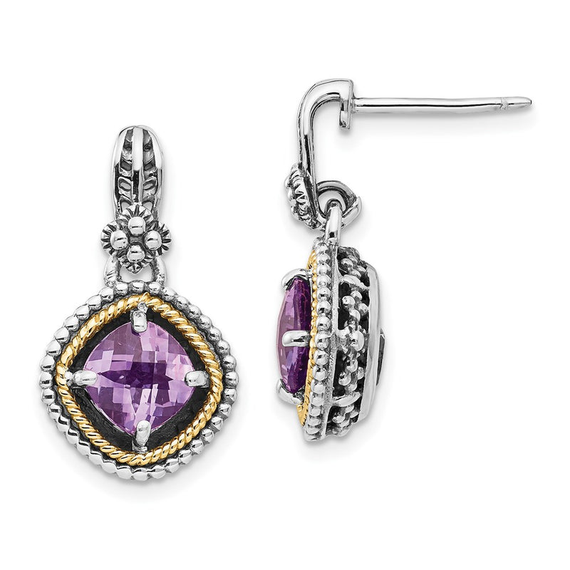14K/Silver Two Tone Shey Couture Sterling Silver With 14K Accent Antiqued Cushion Amethyst Post Dangle Earrings