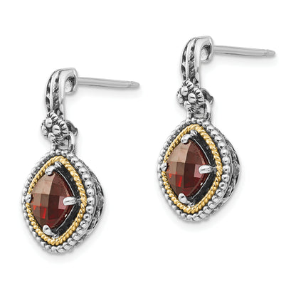 14K/Silver Two Tone Shey Couture Sterling Silver With 14K Accent Antiqued Checkerboard Cushion Garnet Post Dangle Earrings