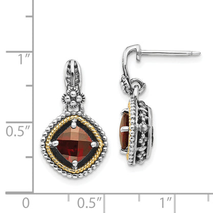 14K/Silver Two Tone Shey Couture Sterling Silver With 14K Accent Antiqued Checkerboard Cushion Garnet Post Dangle Earrings