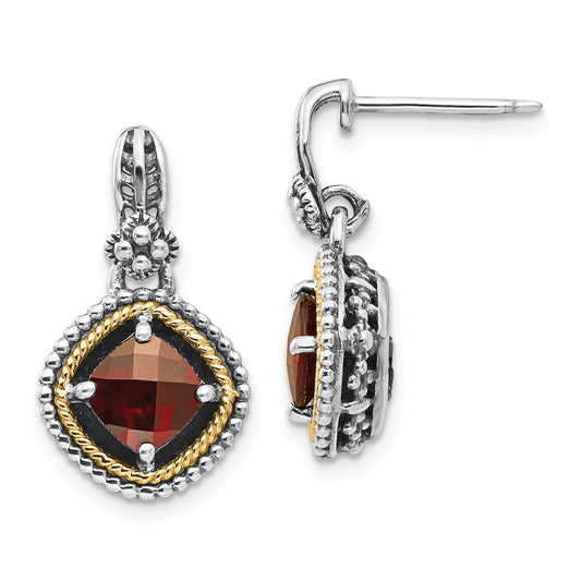 14K/Silver Two Tone Shey Couture Sterling Silver With 14K Accent Antiqued Checkerboard Cushion Garnet Post Dangle Earrings