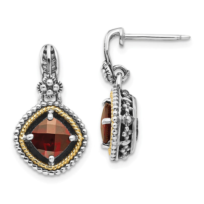 14K/Silver Two Tone Shey Couture Sterling Silver With 14K Accent Antiqued Checkerboard Cushion Garnet Post Dangle Earrings