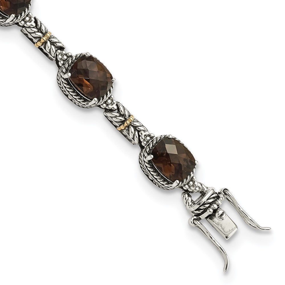 14K/Silver Two Tone Shey Couture Sterling Silver With 14K Accent 7.75 Inch Antiqued Cushion Smoky Quartz Bracelet