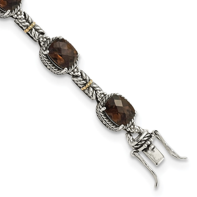 14K/Silver Two Tone Shey Couture Sterling Silver With 14K Accent 7.75 Inch Antiqued Cushion Smoky Quartz Bracelet