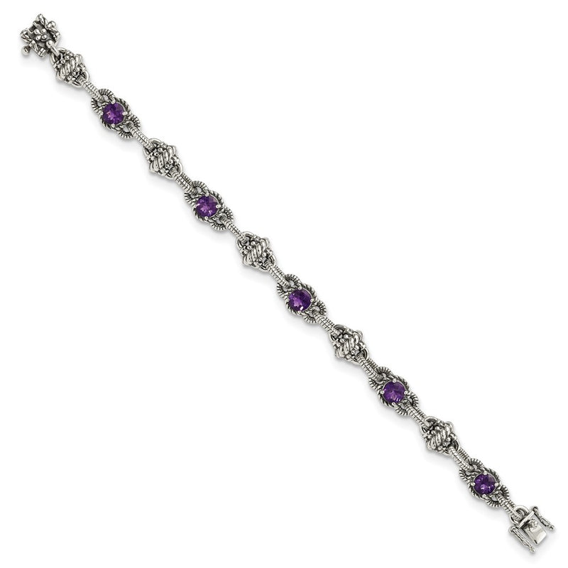 Sterling Silver Shey Couture Antiqued 7.75 Inch Round Amethyst Bracelet