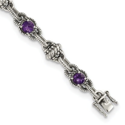 Sterling Silver Shey Couture Antiqued 7.75 Inch Round Amethyst Bracelet