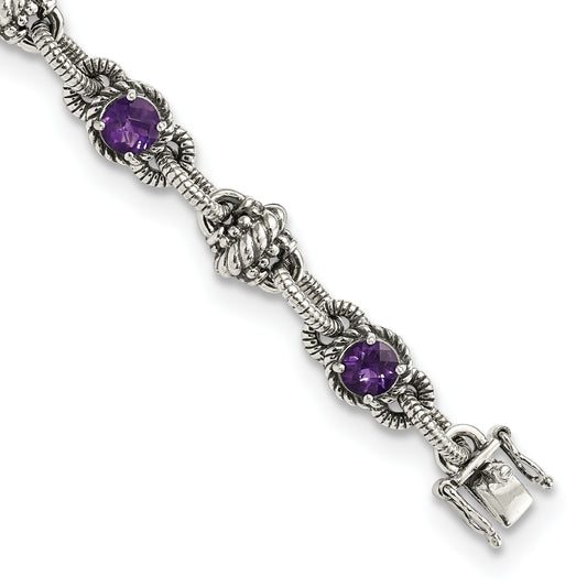 Sterling Silver Shey Couture Antiqued 7.75 Inch Round Amethyst Bracelet