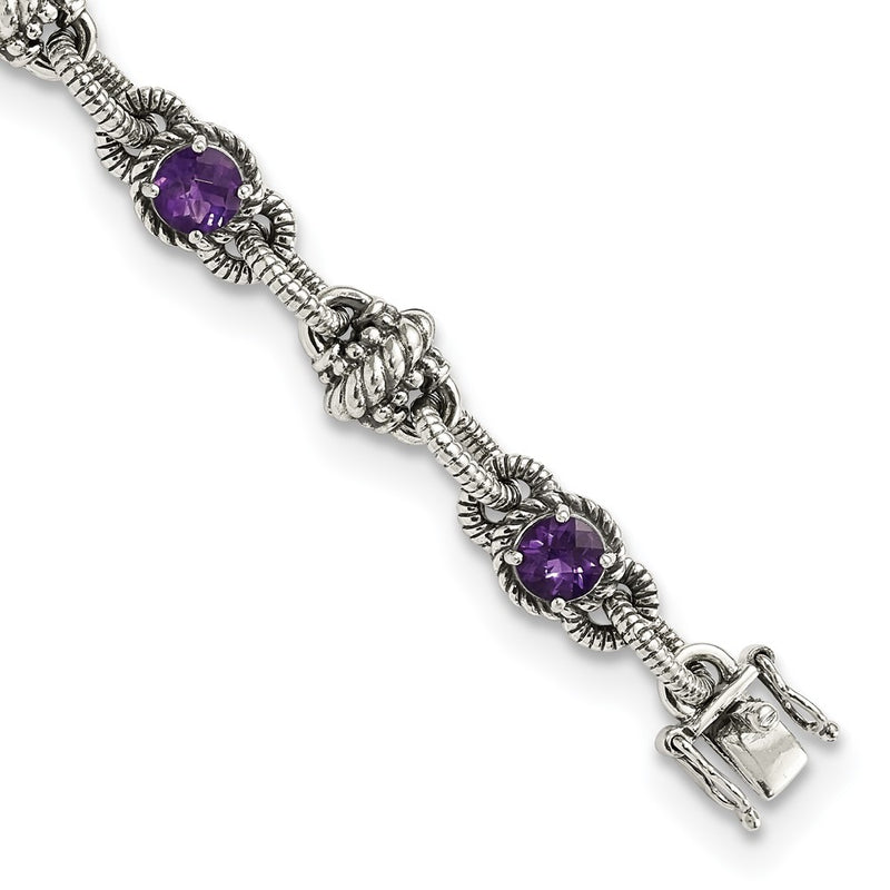 Sterling Silver Shey Couture Antiqued 7.75 Inch Round Amethyst Bracelet