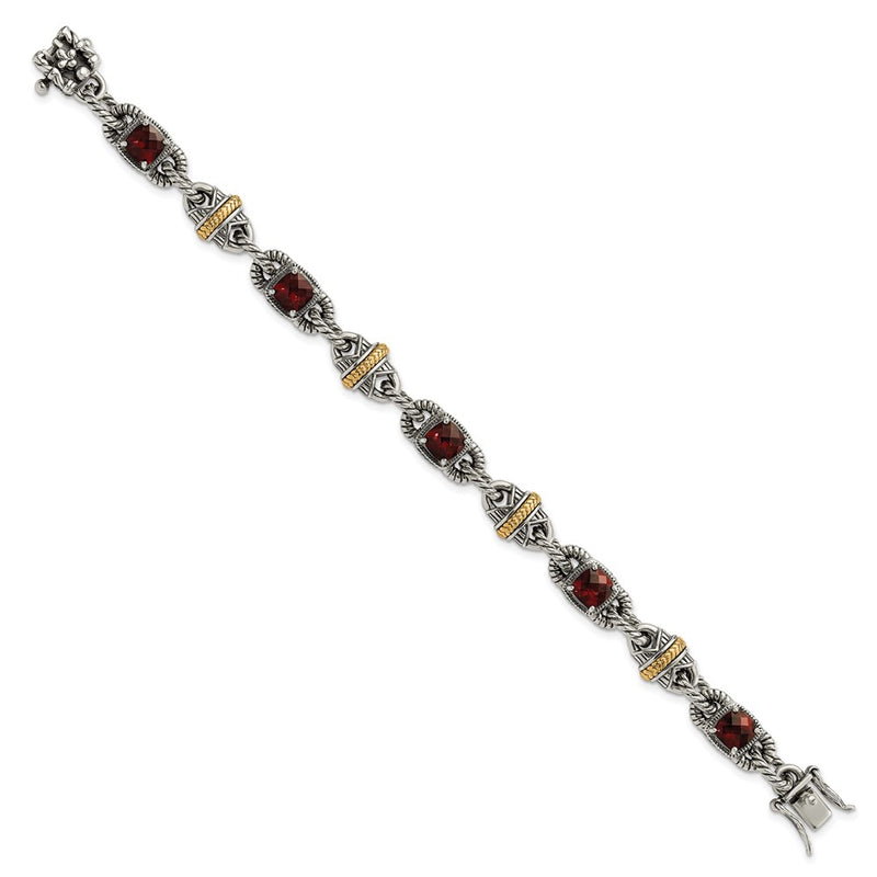 14K/Silver Two Tone Sterling Silver 14Ky Accent Polished & Antiqued Garnet Bracelet