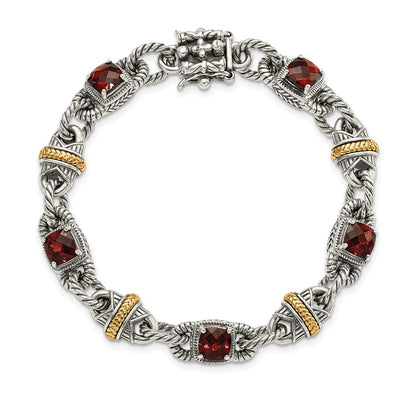 14K/Silver Two Tone Sterling Silver 14Ky Accent Polished & Antiqued Garnet Bracelet