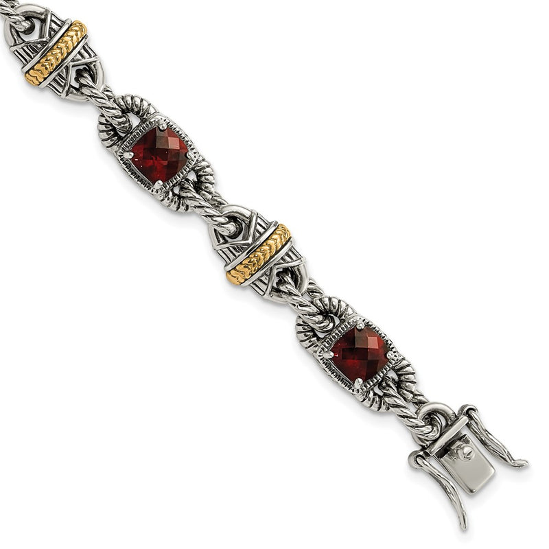 14K/Silver Two Tone Sterling Silver 14Ky Accent Polished & Antiqued Garnet Bracelet