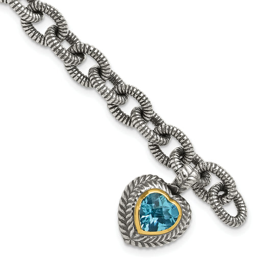 14K/Silver Two Tone Shey Couture Sterling Silver With 14K Accent 7.5 Inch Antiqued Swiss Blue Topaz Heart Bezel Bracelet