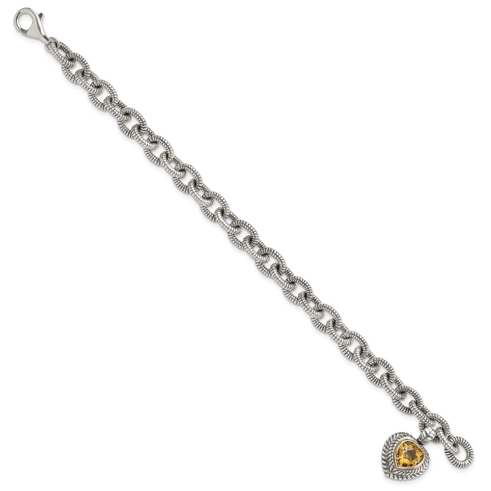 Sterling Silver Antiqued w/14K/Silver Two-Tone Citrine Heart Bracelet