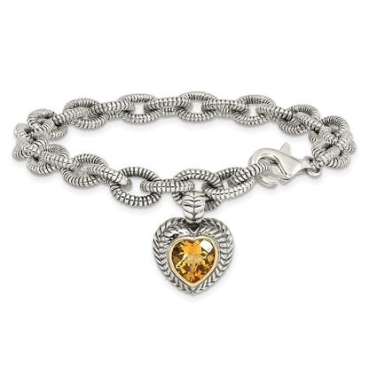Sterling Silver Antiqued w/14K/Silver Two-Tone Citrine Heart Bracelet