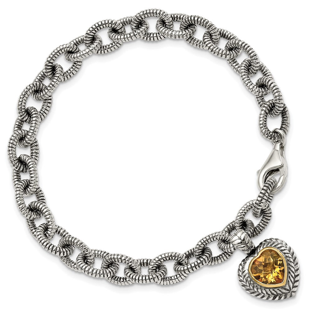 Sterling Silver Antiqued w/14K/Silver Two-Tone Citrine Heart Bracelet