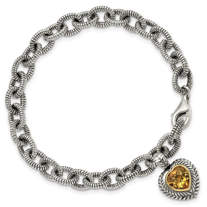 Sterling Silver Antiqued w/14K/Silver Two-Tone Citrine Heart Bracelet
