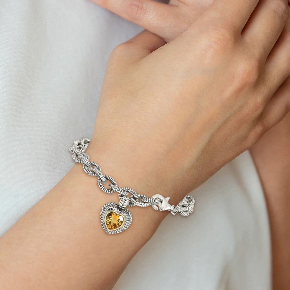 Sterling Silver Antiqued w/14K/Silver Two-Tone Citrine Heart Bracelet