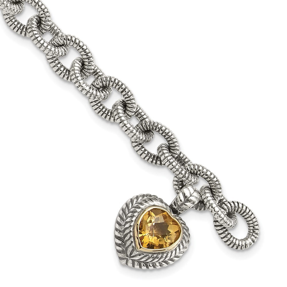 Sterling Silver Antiqued w/14K/Silver Two-Tone Citrine Heart Bracelet
