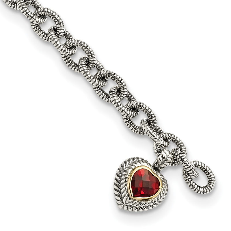 14K/Silver Two Tone Shey Couture Sterling Silver With 14K Accent 7.25 Inch Antiqued Checkerboard Garnet Heart Link Bracelet