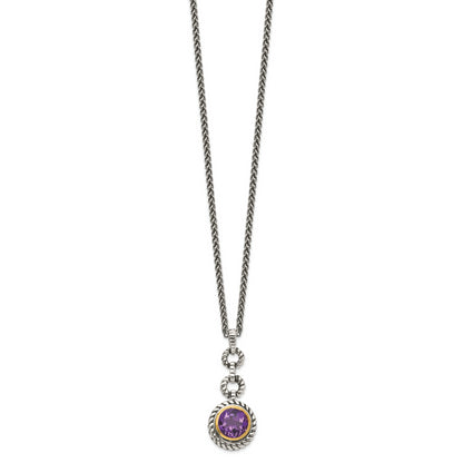 Sterling Silver Shey Couture Gold Tone Flash Plated 18 Inch Antiqued Round Bezel Amethyst Necklace