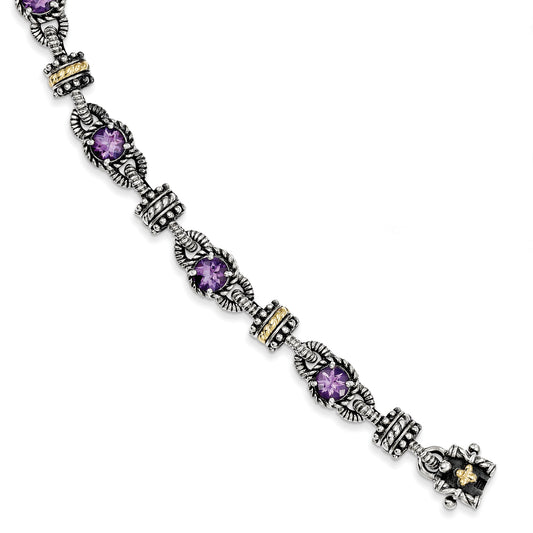14K/Silver Two Tone Shey Couture Sterling Silver With 14K Accent 7.5 Inch Antiqued Round Amethyst Bracelet