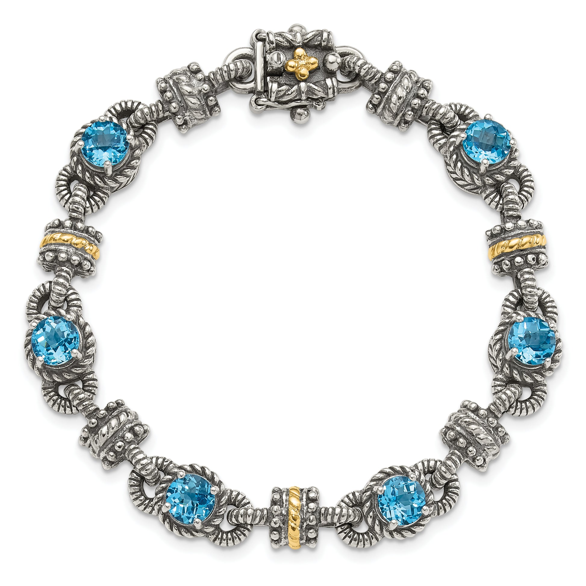 14K/Silver Two Tone Shey Couture Sterling Silver With 14K Accent 7.5 Inch Antiqued Round Swiss Blue Topaz Bracelet