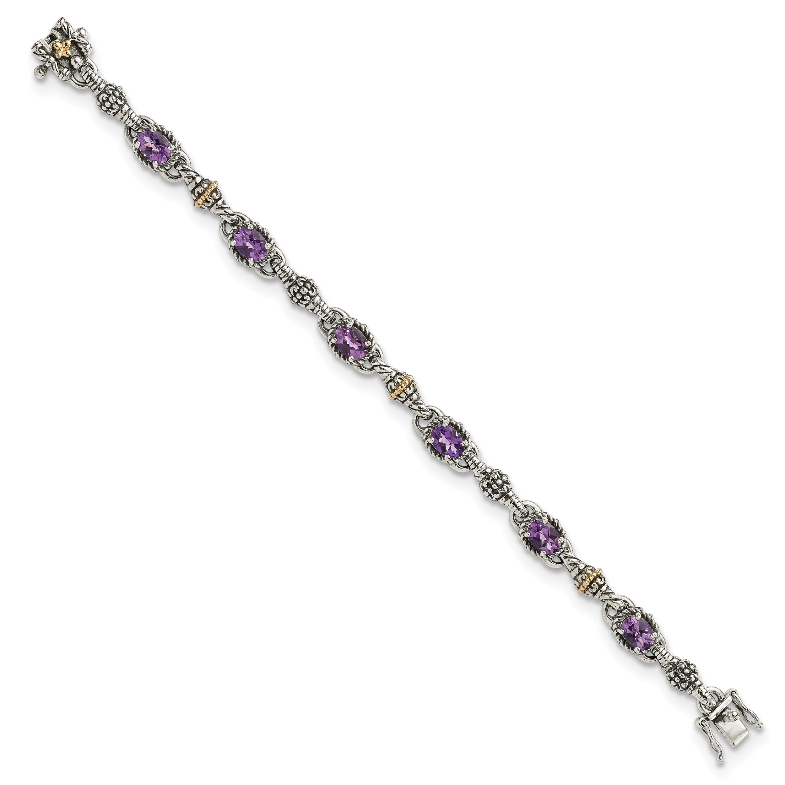 14K/Silver Two Tone Shey Couture Sterling Silver With 14K Accent 7.25 Inch Antiqued Oval Amethyst Bracelet