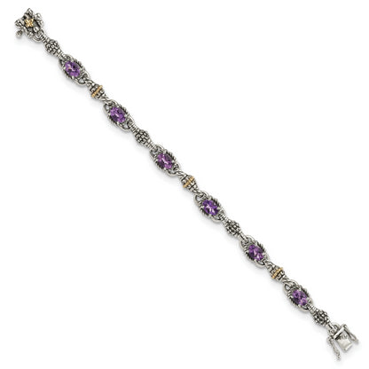 14K/Silver Two Tone Shey Couture Sterling Silver With 14K Accent 7.25 Inch Antiqued Oval Amethyst Bracelet