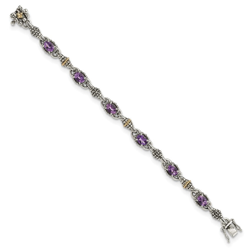 14K/Silver Two Tone Shey Couture Sterling Silver With 14K Accent 7.25 Inch Antiqued Oval Amethyst Bracelet
