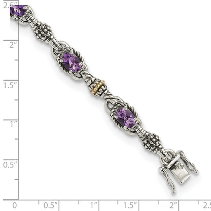 14K/Silver Two Tone Shey Couture Sterling Silver With 14K Accent 7.25 Inch Antiqued Oval Amethyst Bracelet