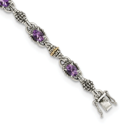14K/Silver Two Tone Shey Couture Sterling Silver With 14K Accent 7.25 Inch Antiqued Oval Amethyst Bracelet
