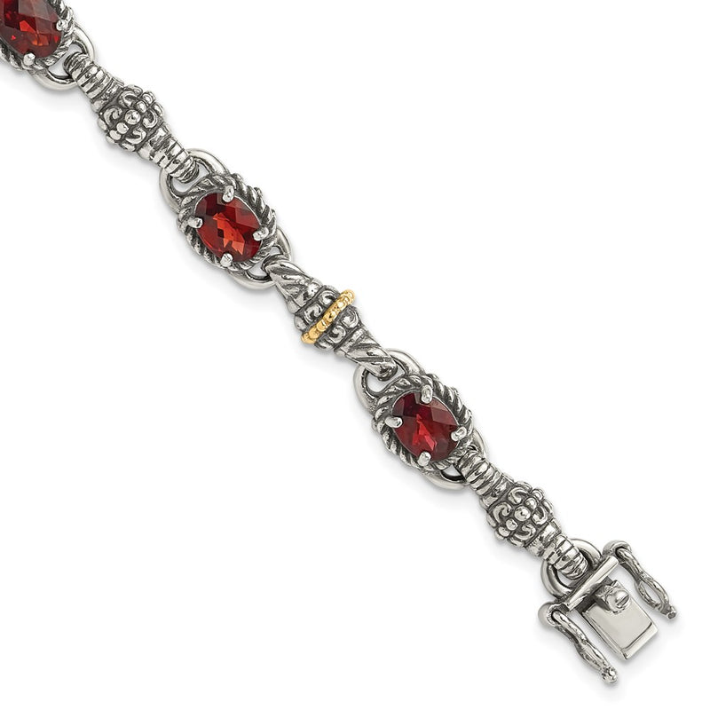 14K/Silver Two Tone Shey Couture Sterling Silver With 14K Accent Antiqued Oval Garnet 7.25 Inch Bracelet