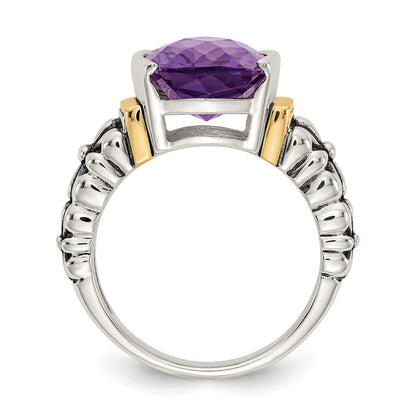 14K/Silver Two Tone Shey Couture Sterling Silver With 14K Accent Antiqued Checkerboard Cut Cushion Chanel Set Amethyst Ring (Size 8 Only)