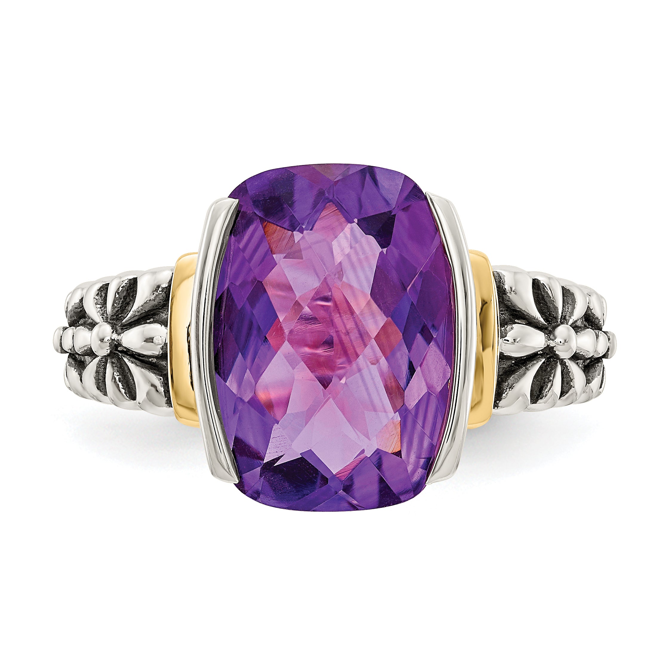 14K/Silver Two Tone Shey Couture Sterling Silver With 14K Accent Antiqued Checkerboard Cut Cushion Chanel Set Amethyst Ring (Size 8 Only)