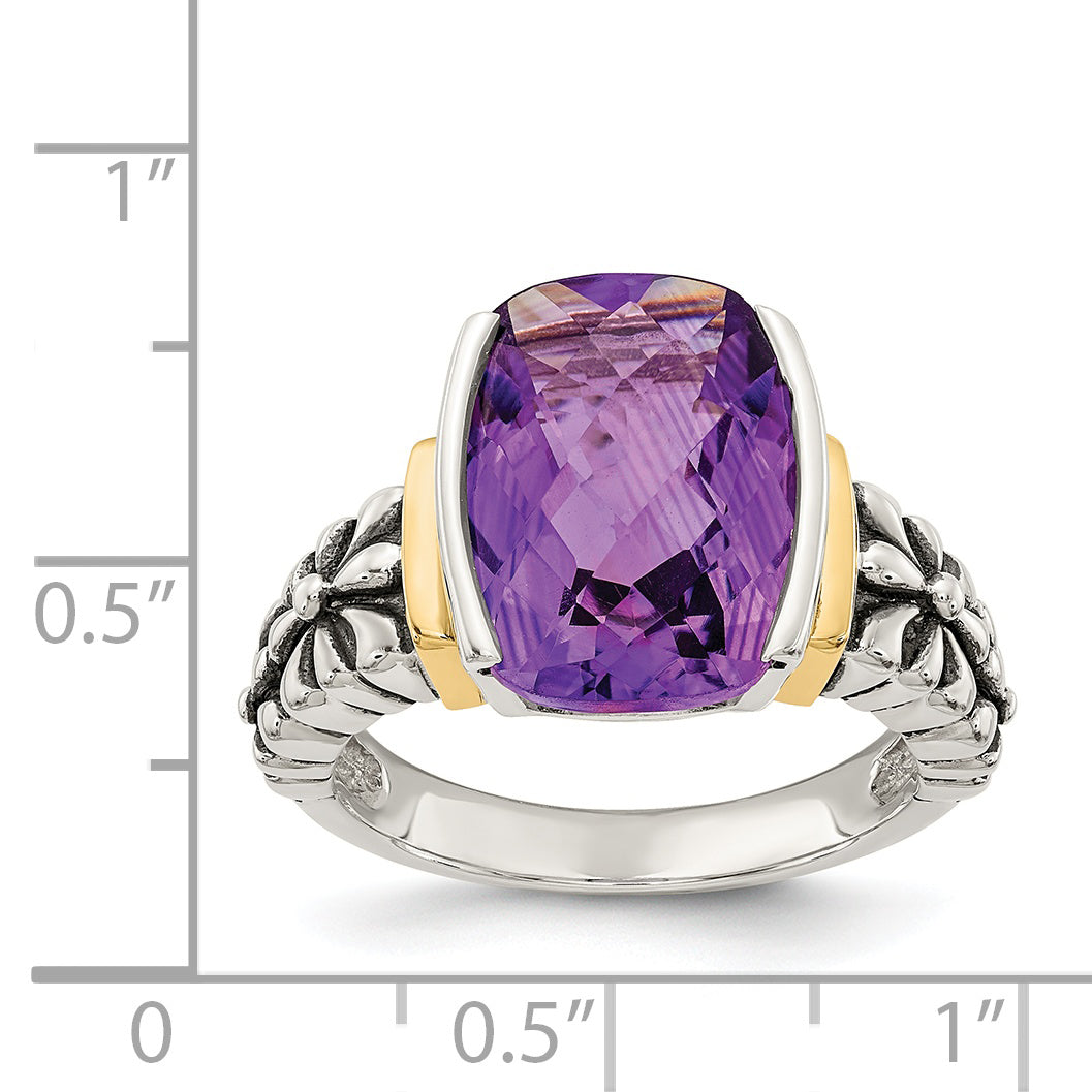 14K/Silver Two Tone Shey Couture Sterling Silver With 14K Accent Antiqued Checkerboard Cut Cushion Chanel Set Amethyst Ring (Size 8 Only)