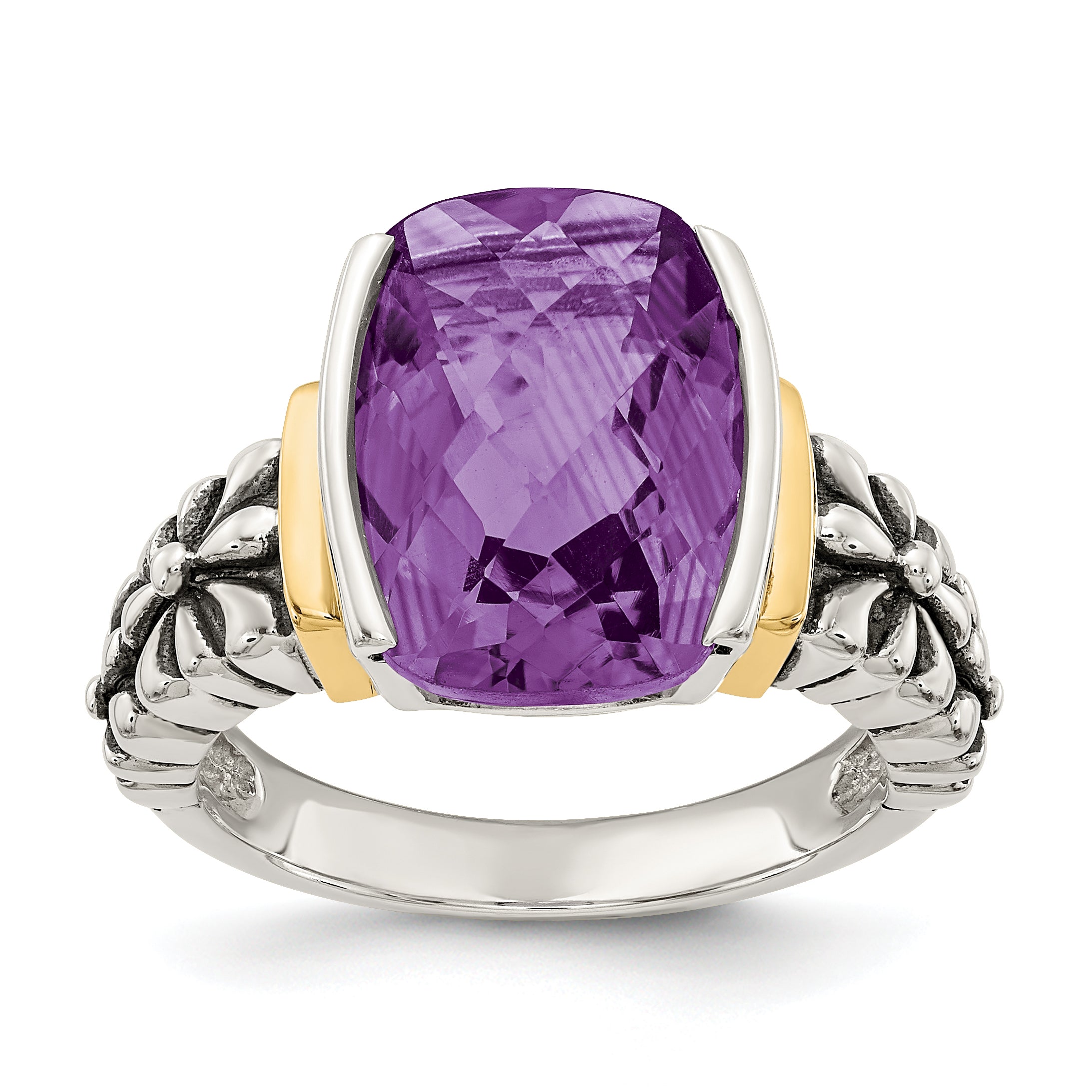 14K/Silver Two Tone Shey Couture Sterling Silver With 14K Accent Antiqued Checkerboard Cut Cushion Chanel Set Amethyst Ring (Size 8 Only)