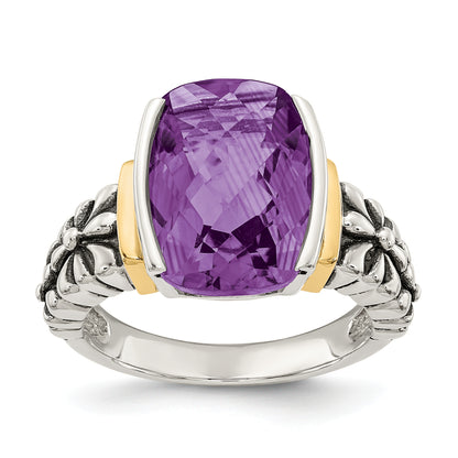 14K/Silver Two Tone Shey Couture Sterling Silver With 14K Accent Antiqued Checkerboard Cut Cushion Chanel Set Amethyst Ring (Size 8 Only)