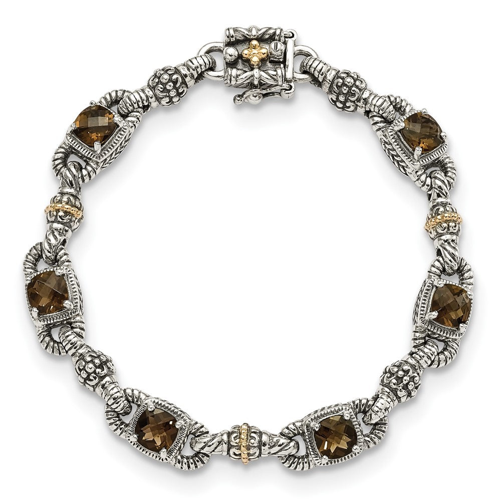 14K/Silver Two Tone Shey Couture Sterling Silver With 14K Accent 7.25 Inch Antiqued Cushion Checkerboard Smoky Quartz Bracelet