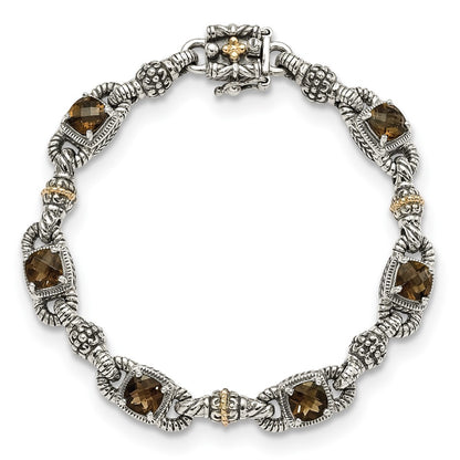 14K/Silver Two Tone Shey Couture Sterling Silver With 14K Accent 7.25 Inch Antiqued Cushion Checkerboard Smoky Quartz Bracelet
